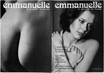 Sylvia Kristel on the cover of* Emmanuelle: Le magazine du plaisir*, No. 17, February 1976 (photographs by Jean-Pierre Roux). Photograph copyright Fabrice Schneider. Collection Museum of Mistakes, Brussels. - © Oracles: Artists’ Calling Cards